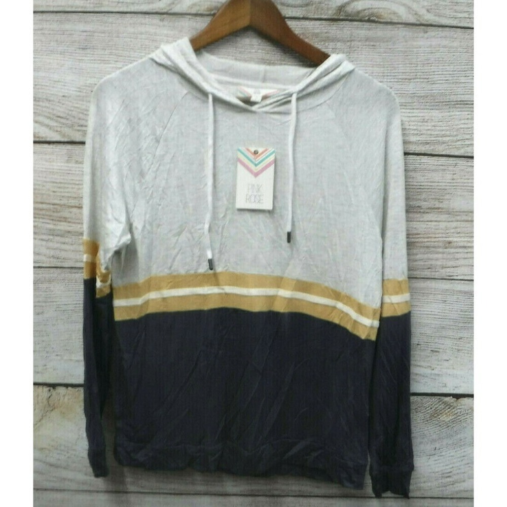 Pink Rose Knit Hoodie Jr Womens Medium Thin Rayon Hooded Short Blue Stripe New